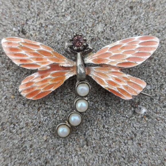 Gerard Yosca Brooch Figural Vintage Enamel Dragonfly in Silver, Orange + White - Picture 3 of 14